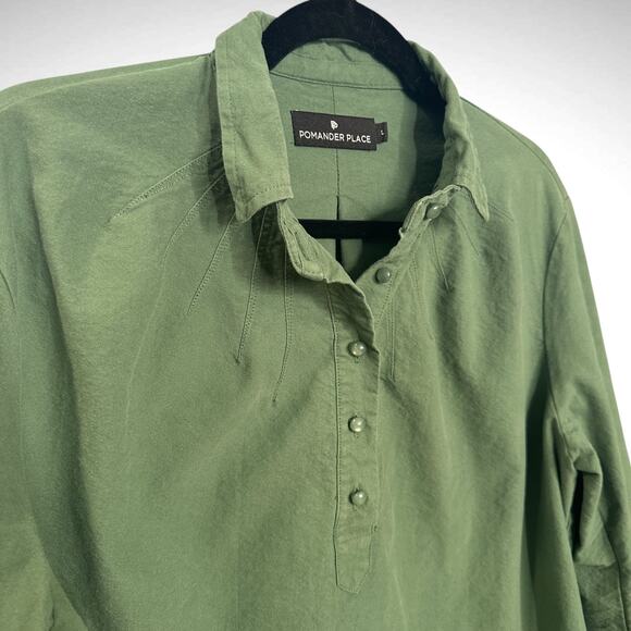 Pomander Place Size L Polly Button Neck Popover Shirt Dress Sage Green Cotton - Picture 4 of 11